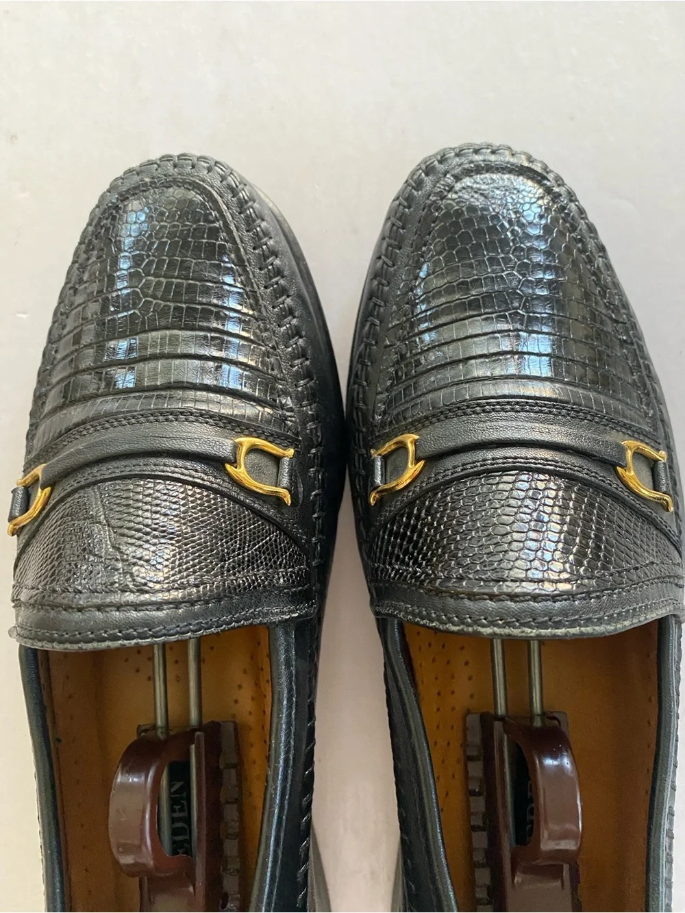 David Eden Black Fine Lizard Embossed Handmade Horsebit Loafers Size 7 Men’s
